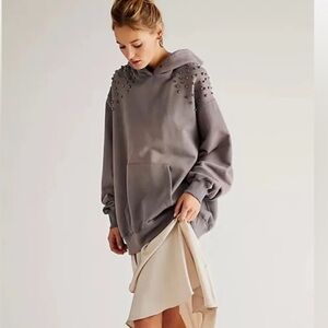 Free People Lonely Heart Studded Hoodie Sweatshirt We The Free Shaded Gray